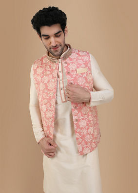 alt message - Manyavar Men Peach And Cream Festive Kurta Jacket With Floral Detailing image number 0