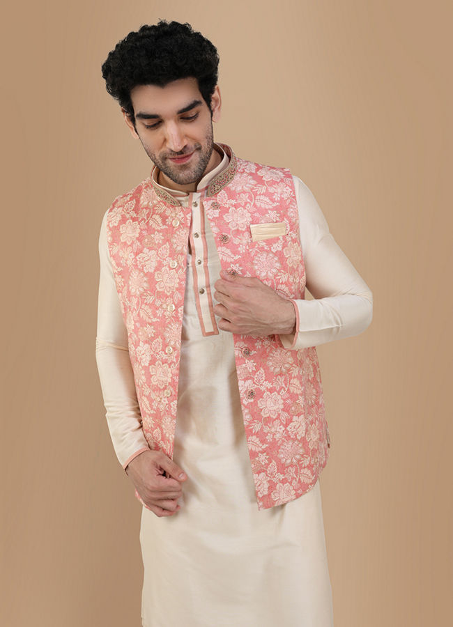 Manyavar Men Peach And Cream Festive Kurta Jacket With Floral Detailing