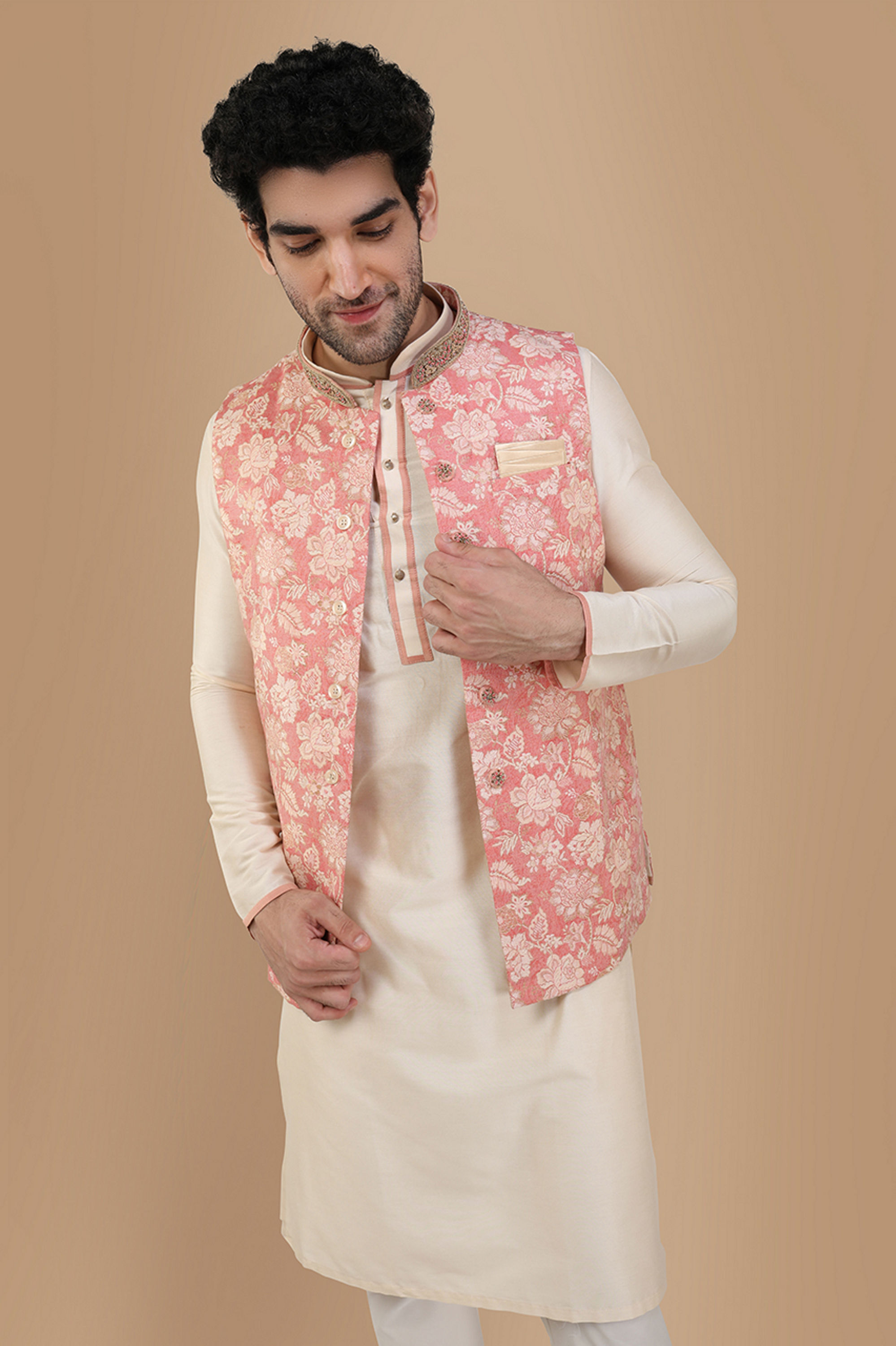 Manyavar Men Peach And Cream Festive Kurta Jacket With Floral Detailing