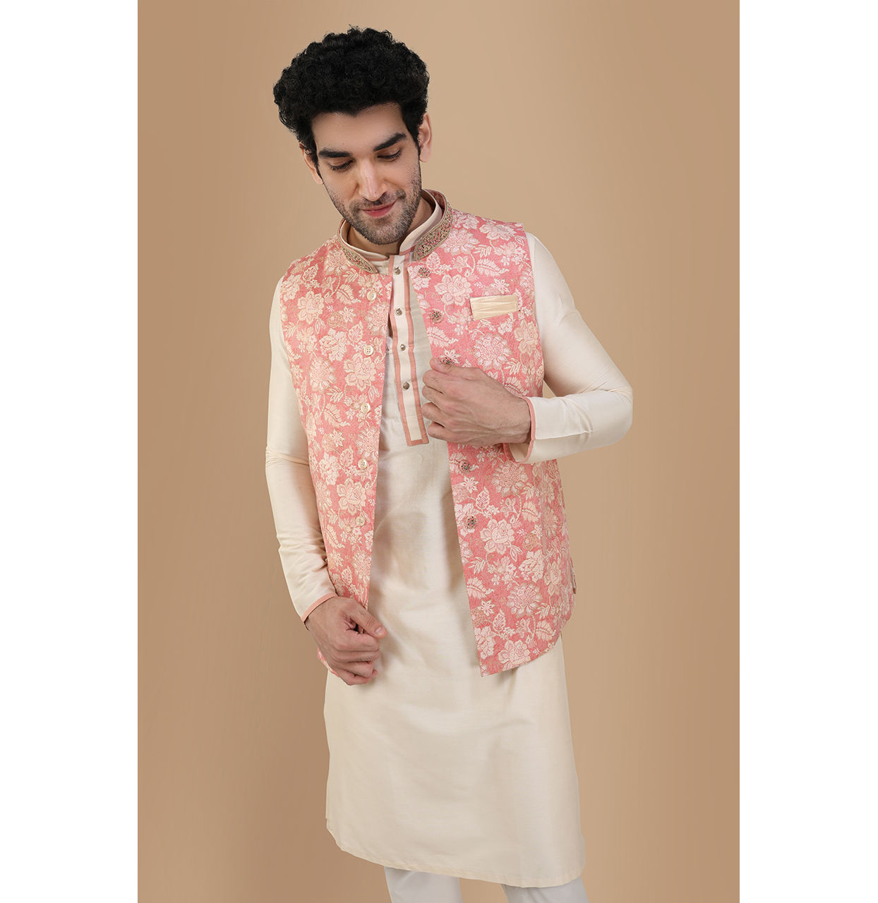 alt message - Manyavar Men Peach And Cream Festive Kurta Jacket With Floral Detailing image number 0