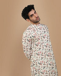 Manyavar Men Off White Side Open Floral Print Kurta