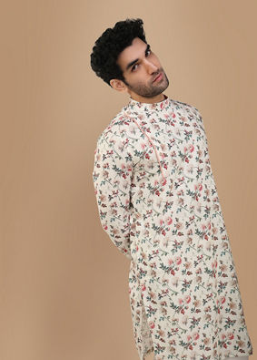 alt message - Manyavar Men Off White Side Open Floral Print Kurta image number 0