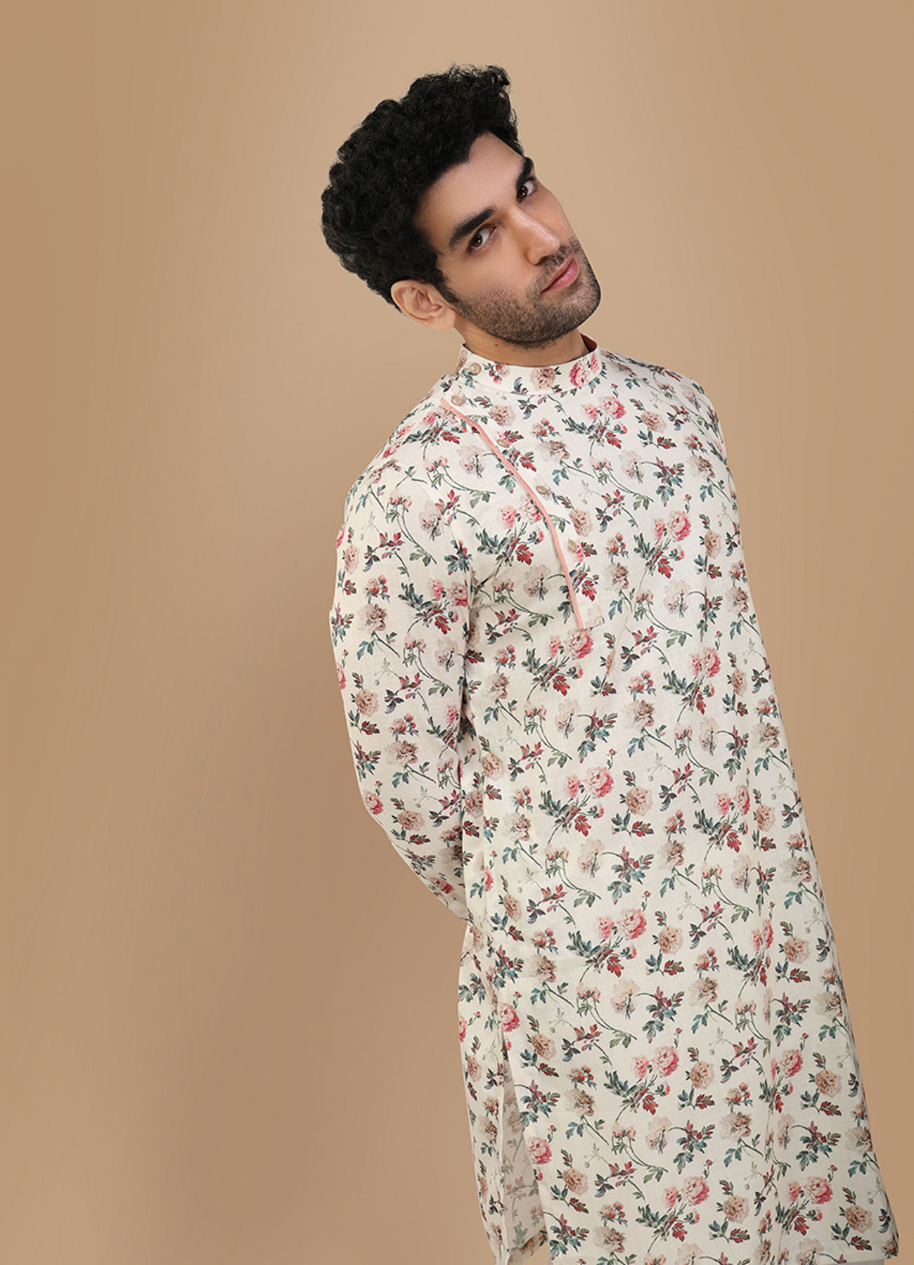 Manyavar Men Off White Side Open Floral Print Kurta