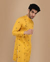 alt message - Manyavar Men Mustard Yellow Thread Embroidered Kurta image number 0