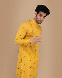 Manyavar Men Mustard Yellow Thread Embroidered Kurta