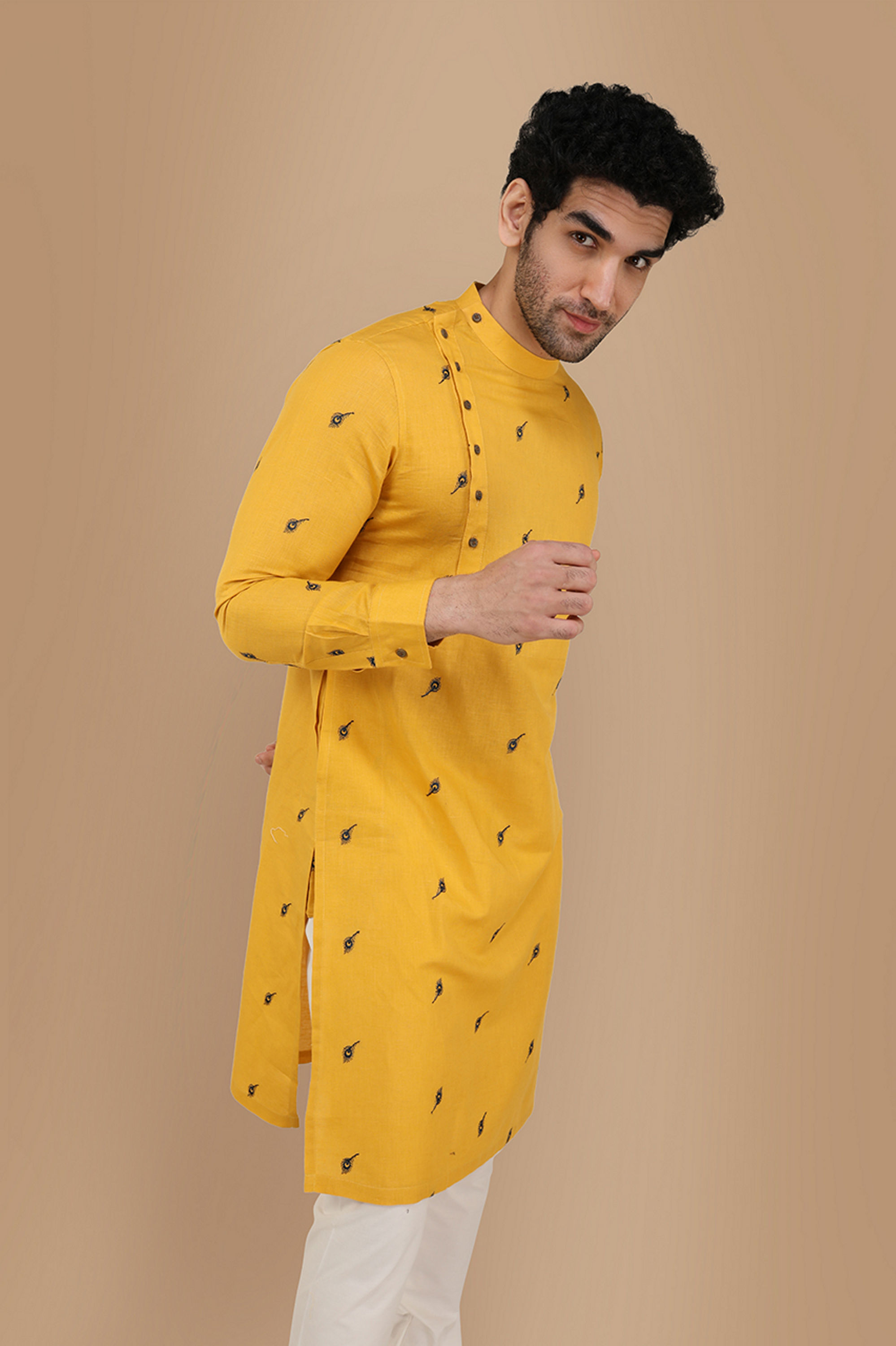 Manyavar Men Mustard Yellow Thread Embroidered Kurta