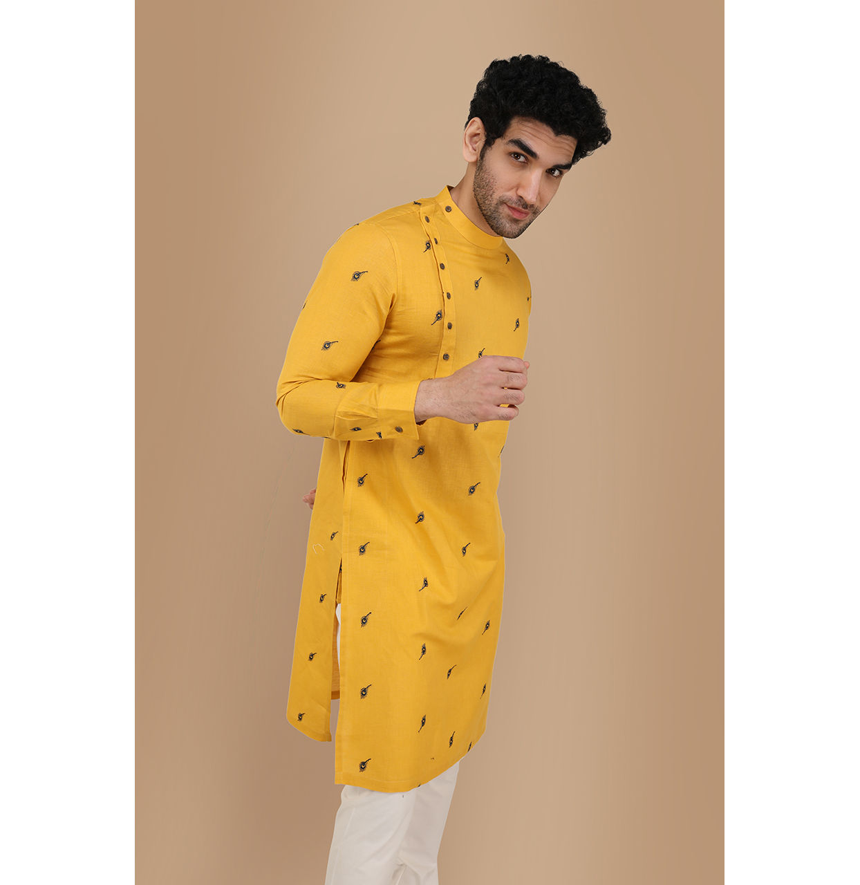 Manyavar Men Mustard Yellow Thread Embroidered Kurta