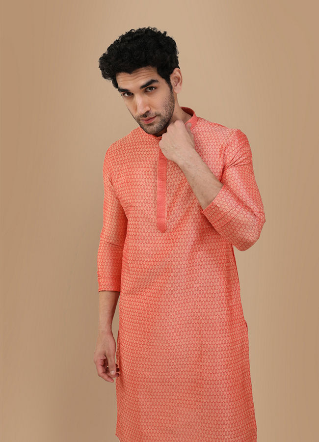 alt message - Manyavar Men Rust Pink Self Design Kurta Set image number 0