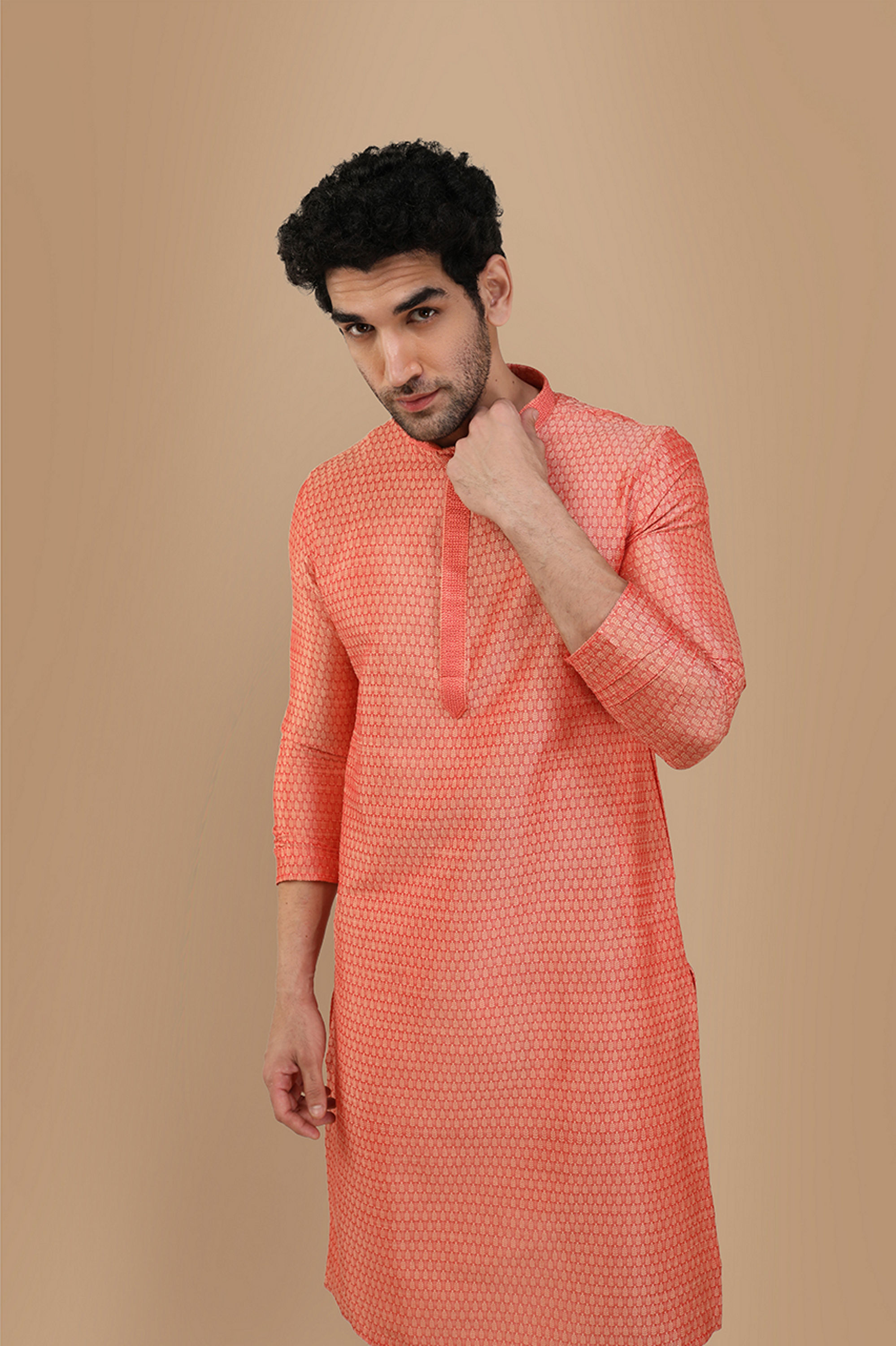 Manyavar Men Rust Pink Self Design Kurta Set