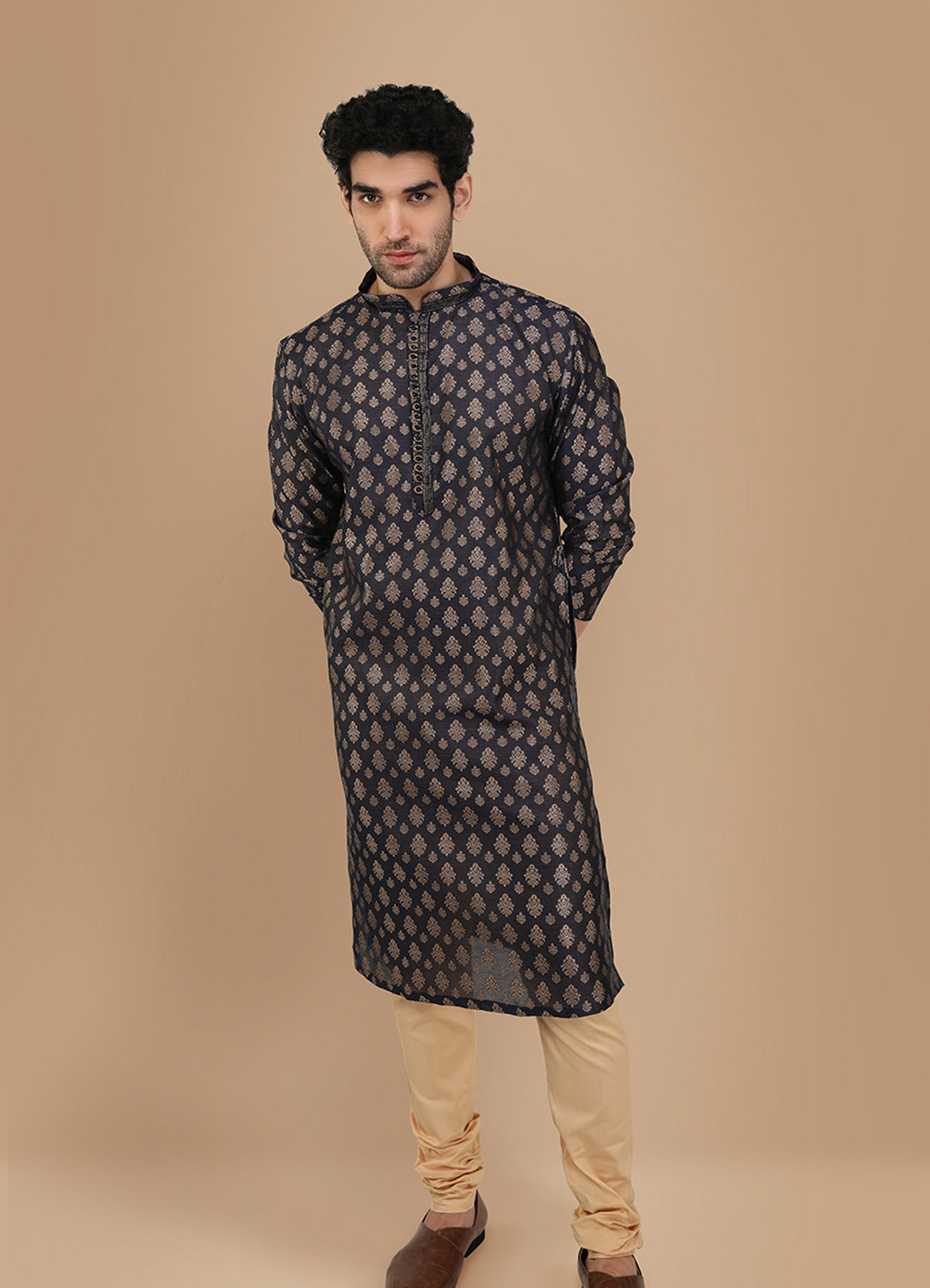 Manyavar Men Royal Blue Jacquard Kurta Set