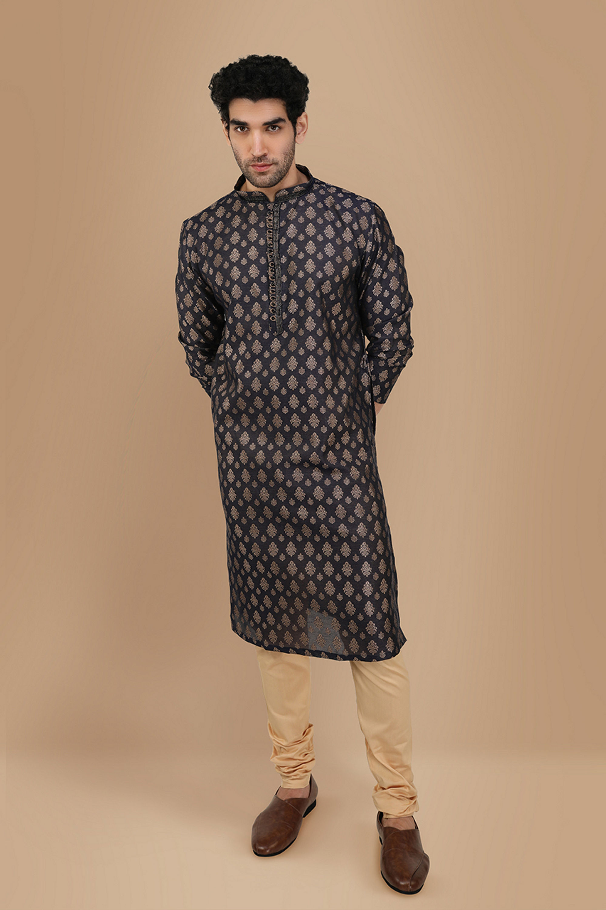 Manyavar Men Royal Blue Jacquard Kurta Set