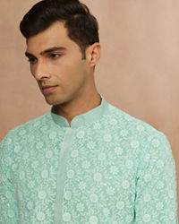 alt message - Manyavar Men Seafoam Green Chikankari Kurta Pajama image number 0