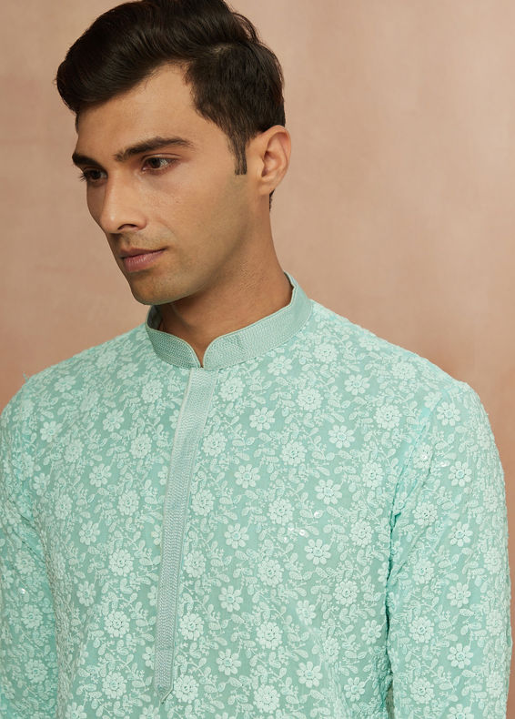 Manyavar Men Seafoam Green Chikankari Kurta Pajama