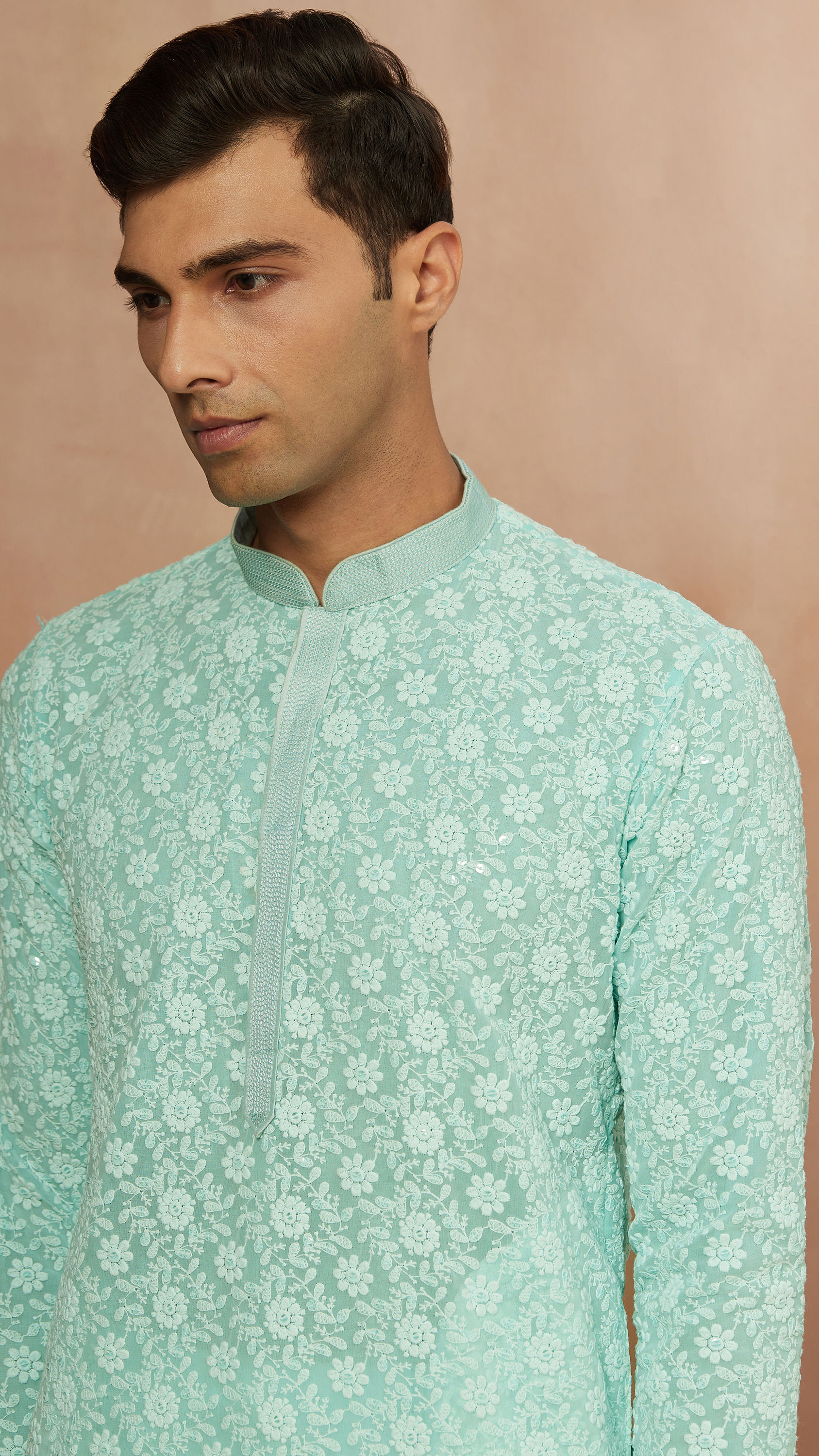 Manyavar Men Seafoam Green Chikankari Kurta Pajama