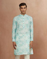 Manyavar Men Aqua Green Floral Print Kurta