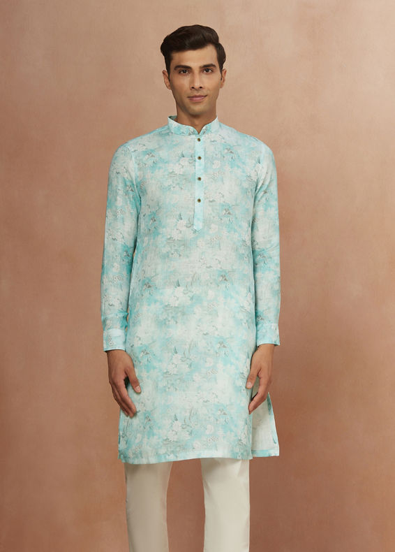 Manyavar Men Aqua Green Floral Print Kurta