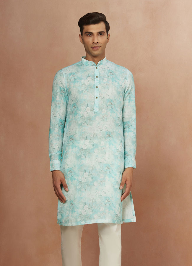 Manyavar Men Aqua Green Floral Print Kurta