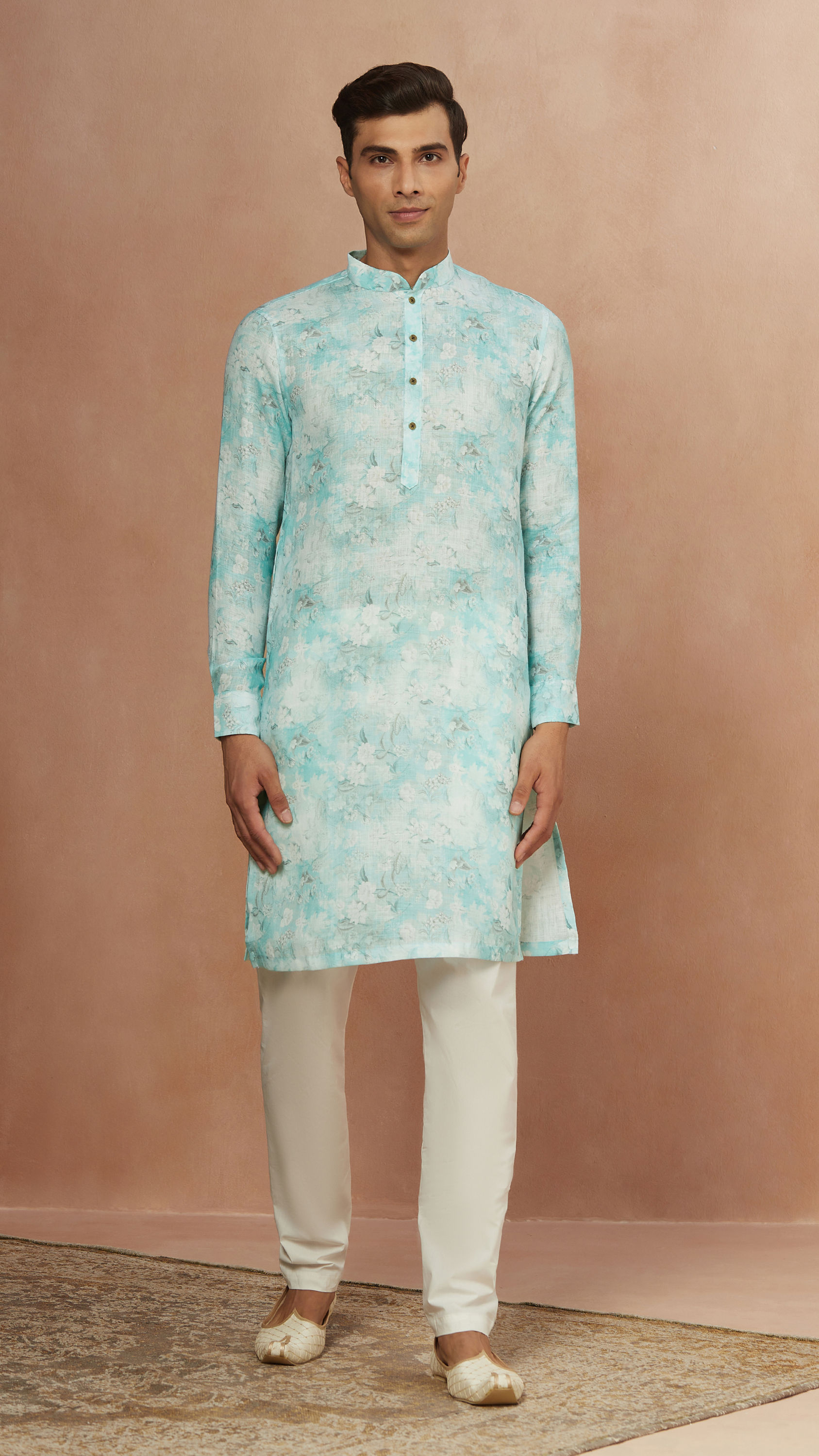 Manyavar Men Aqua Green Floral Print Kurta