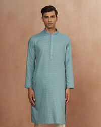 Manyavar Men Teal Blue Chequered Kurta Pajama