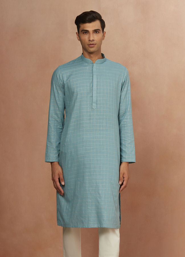 alt message - Manyavar Men Teal Blue Chequered Kurta Pajama image number 1
