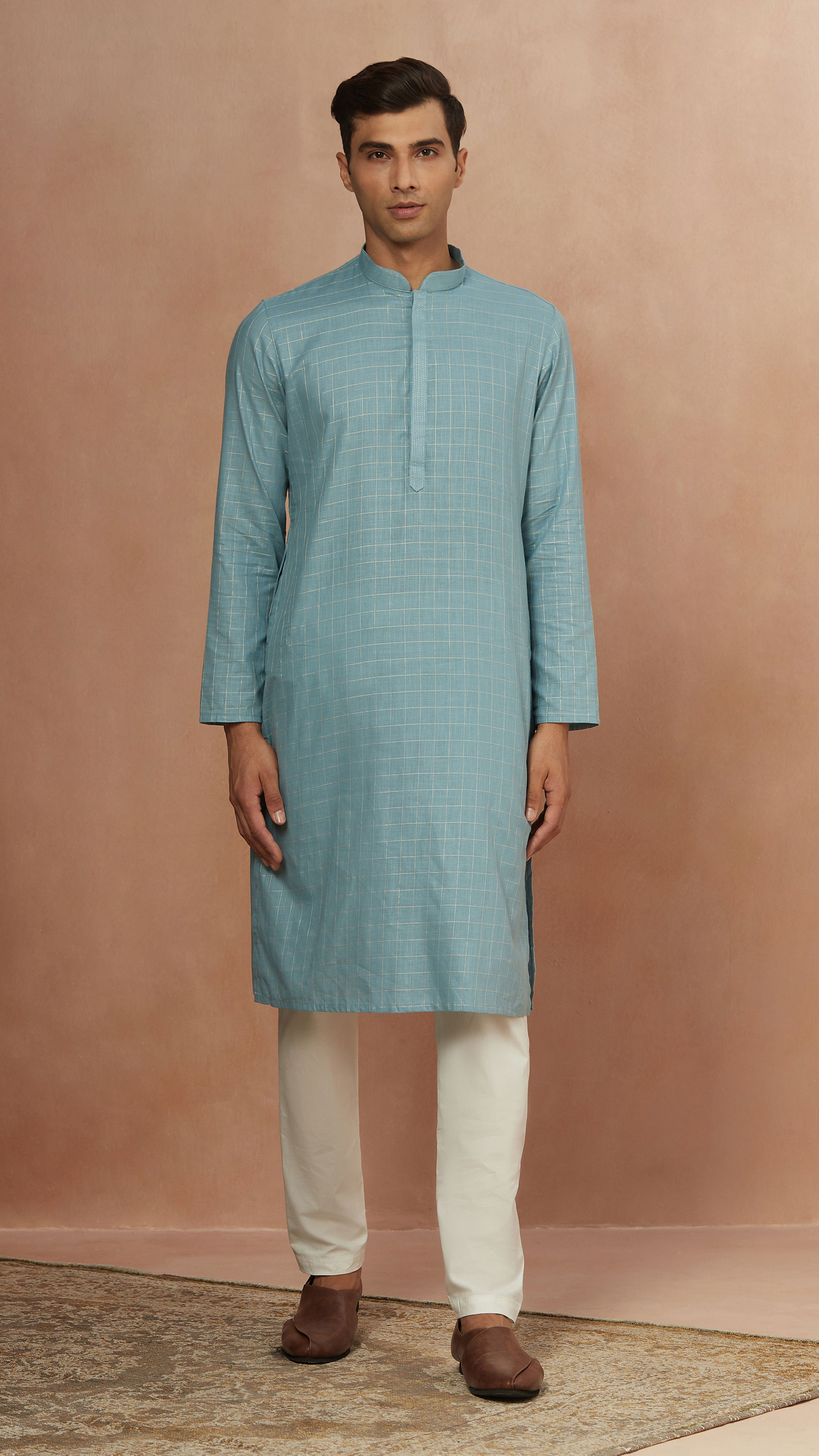 Manyavar Men Teal Blue Chequered Kurta Pajama