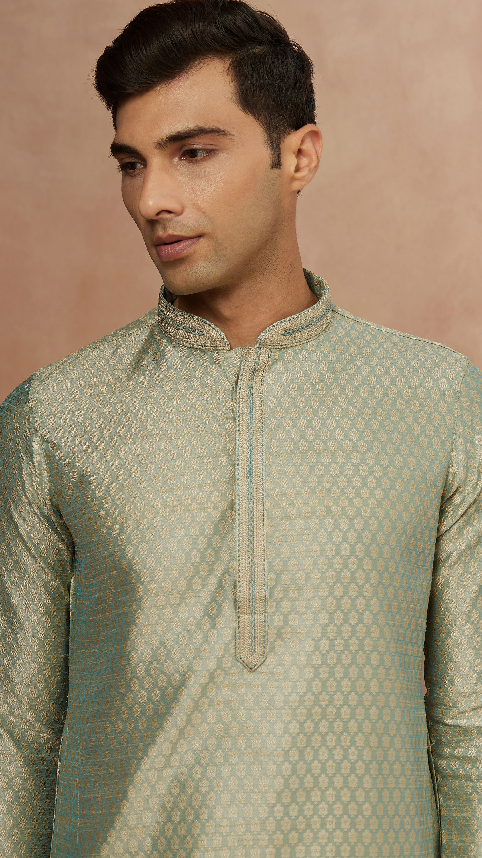 Manyavar Men Fern Green Jacquard Kurta Pajama