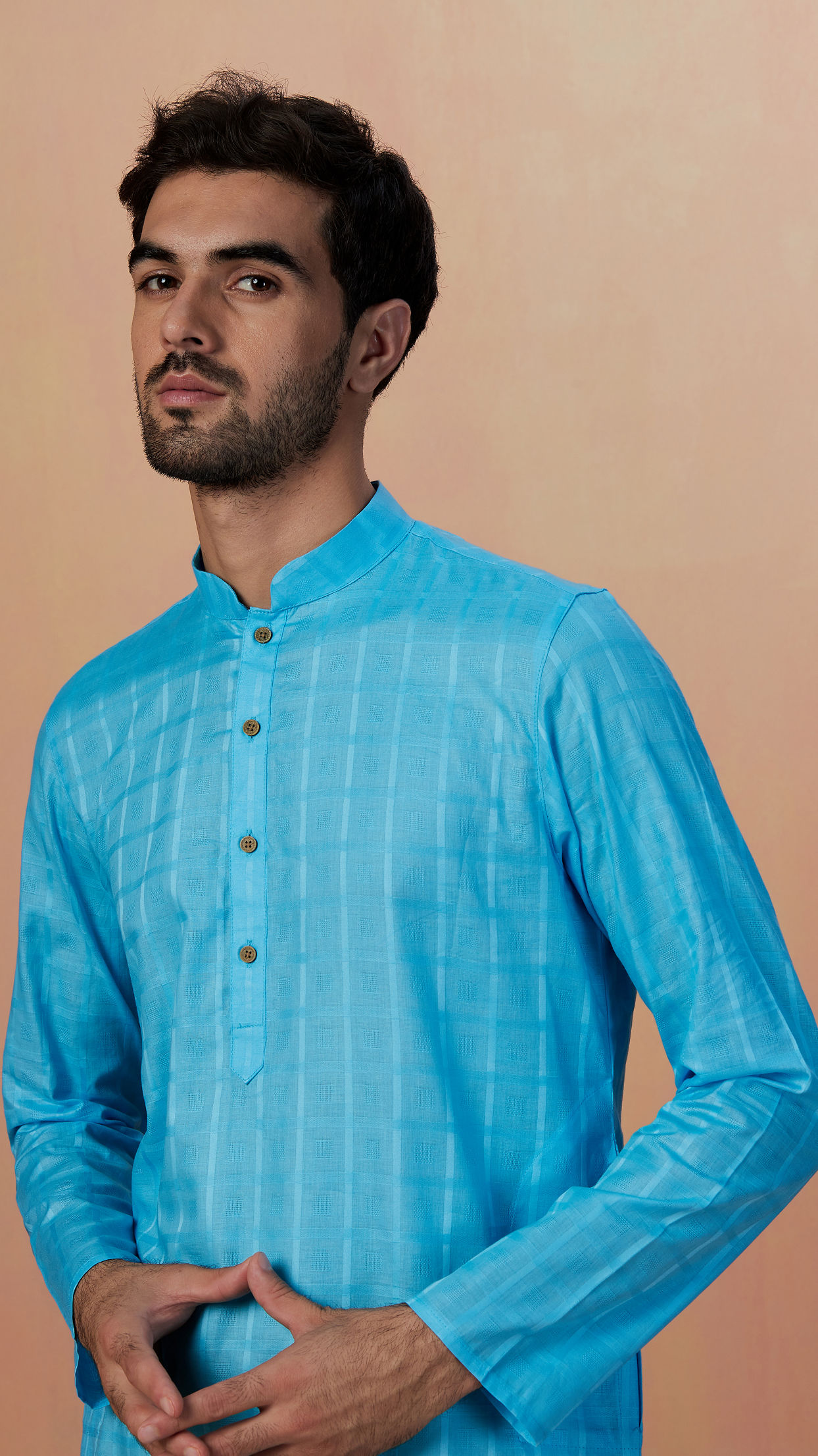 Buy Sky Blue Self Chequered Kurta Pajama Online in the USA @Manyavar ...