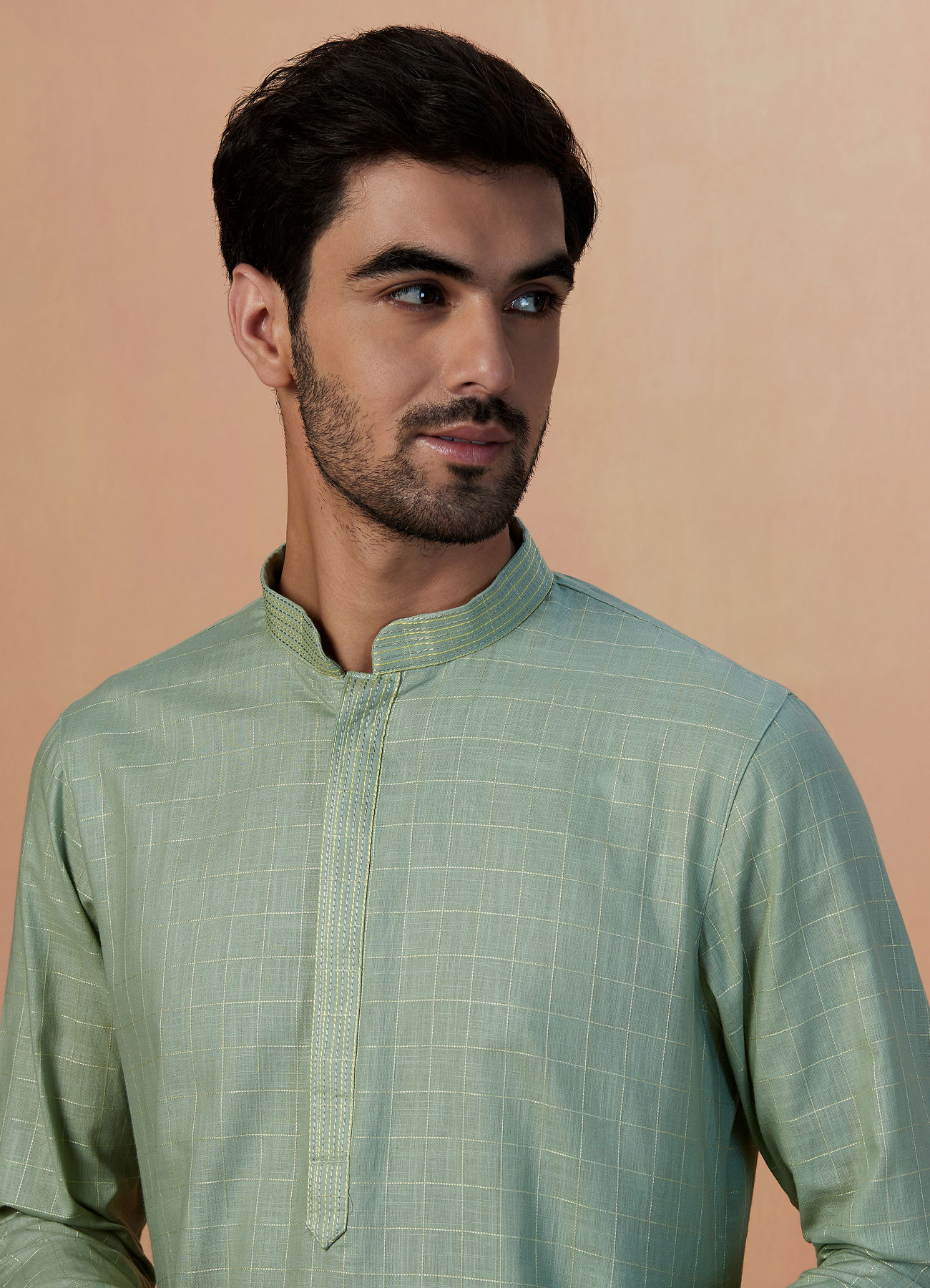 Manyavar Men Sage Green Self Checquered Kurta Pajama