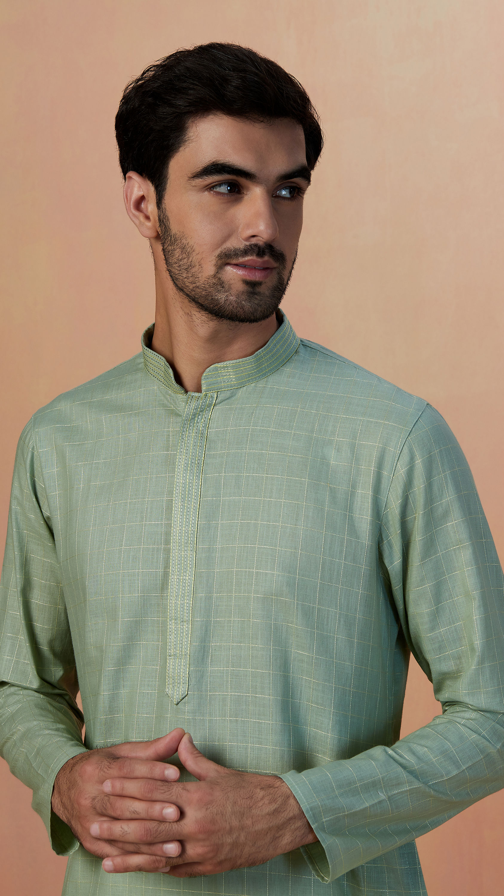 Manyavar Men Sage Green Self Checquered Kurta Pajama