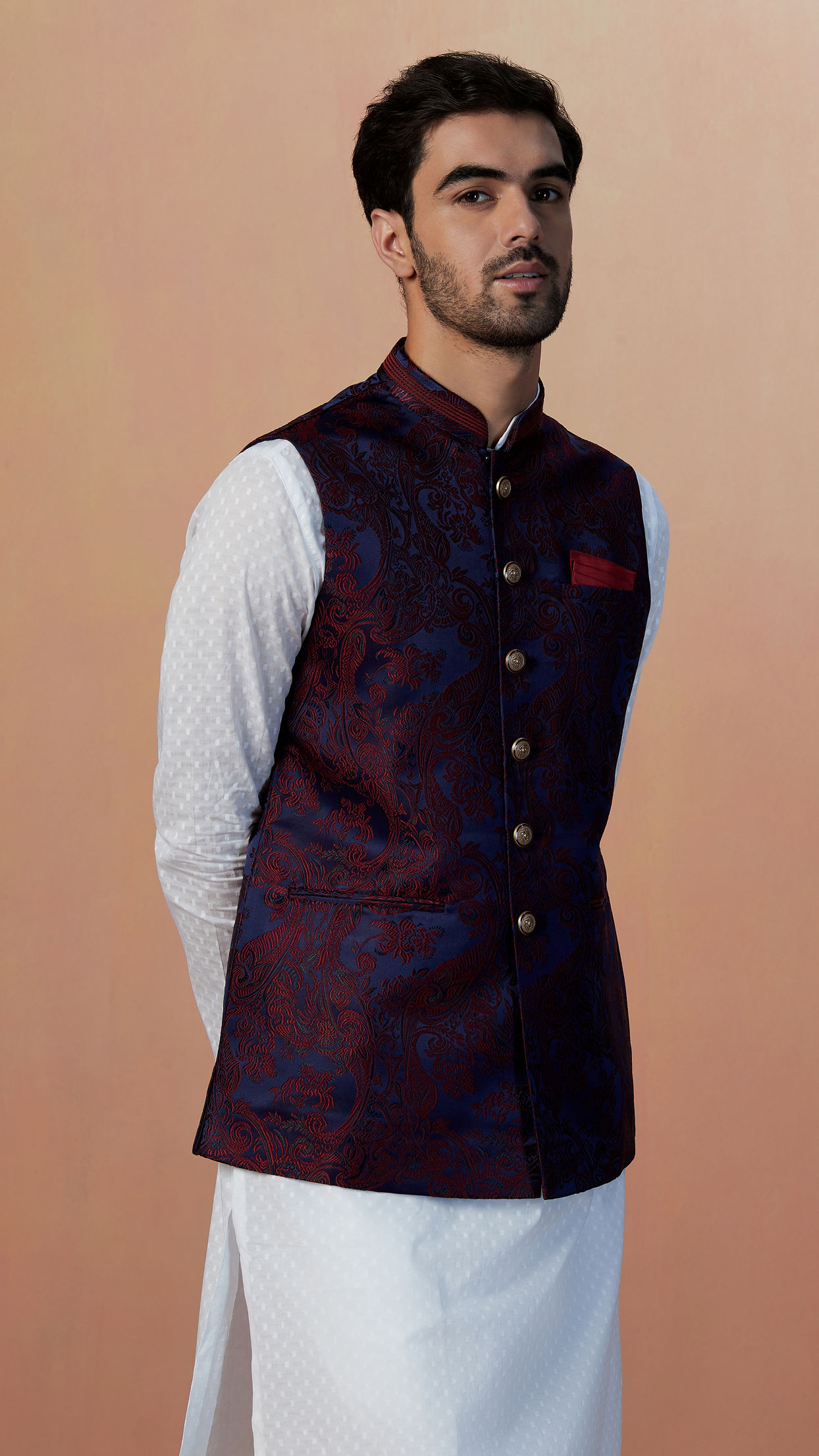 alt message - Manyavar Men Maroon And Blue Contrast Jacket image number 0