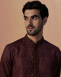 Manyavar Men Wine Floral Print Kurta Set