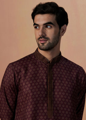 Manyavar Men Wine Floral Print Kurta Set