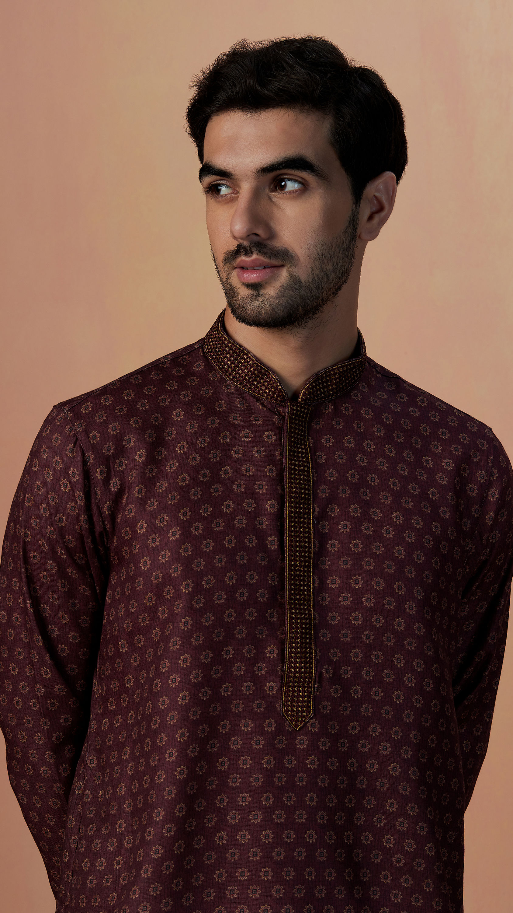 Manyavar Men Wine Floral Print Kurta Set