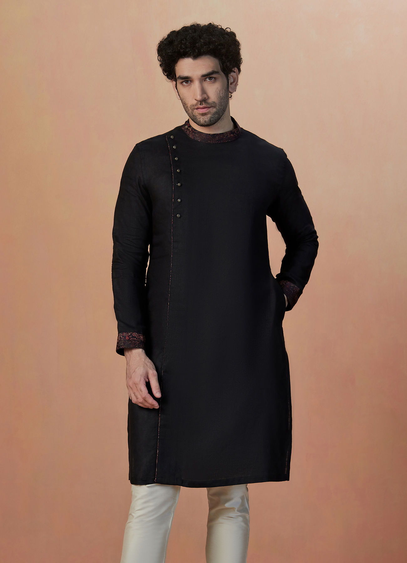 Manyavar Men Black Side Open Plain Kurta