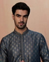 alt message - Manyavar Men Grey Kurta Pajama With Golden Motif image number 0