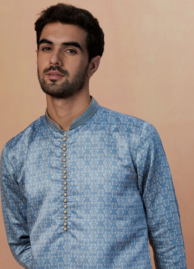 Manyavar Men Sky Blue Printed Kurta Set