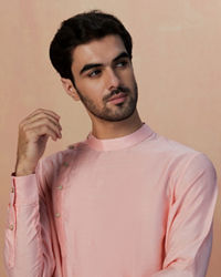 Manyavar Men Pink Solid Side Open Kurta Pajama