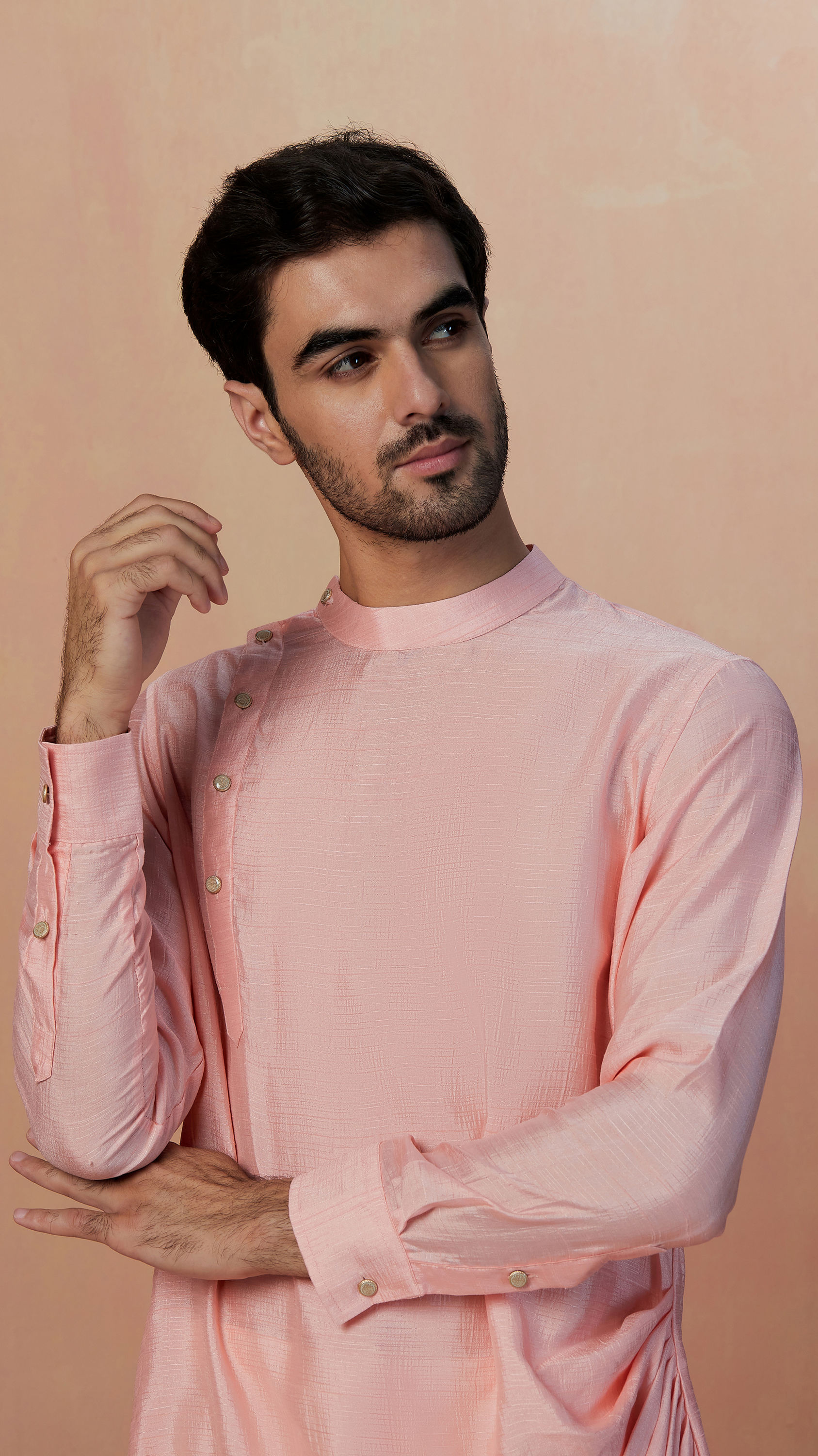 Manyavar Men Pink Solid Side Open Kurta Pajama