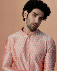 Manyavar Men Pink Self Design Kurta Pajama