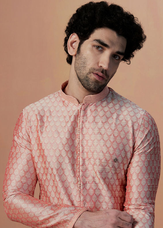 Manyavar Men Pink Self Design Kurta Pajama