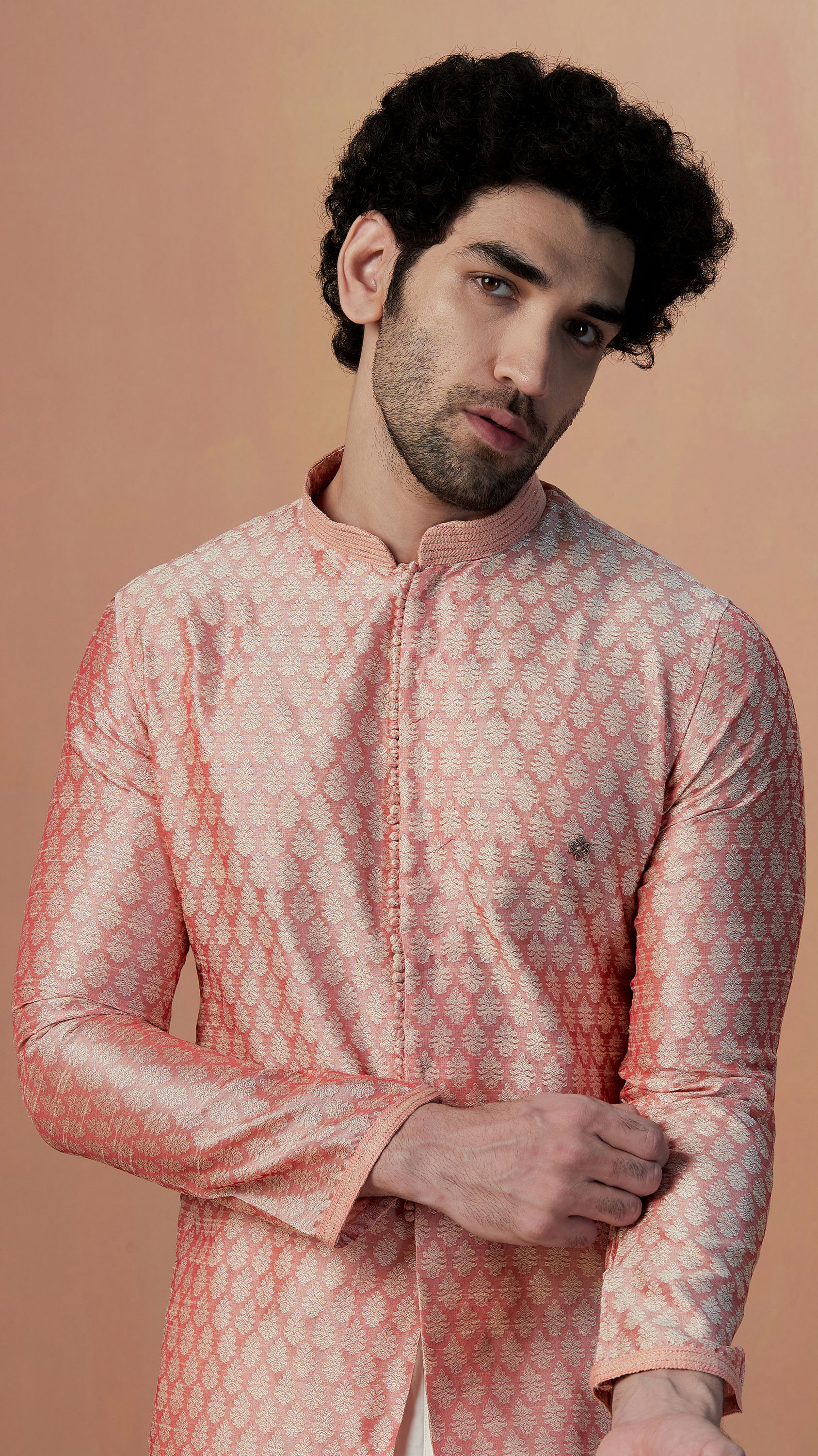 Manyavar Men Pink Self Design Kurta Pajama