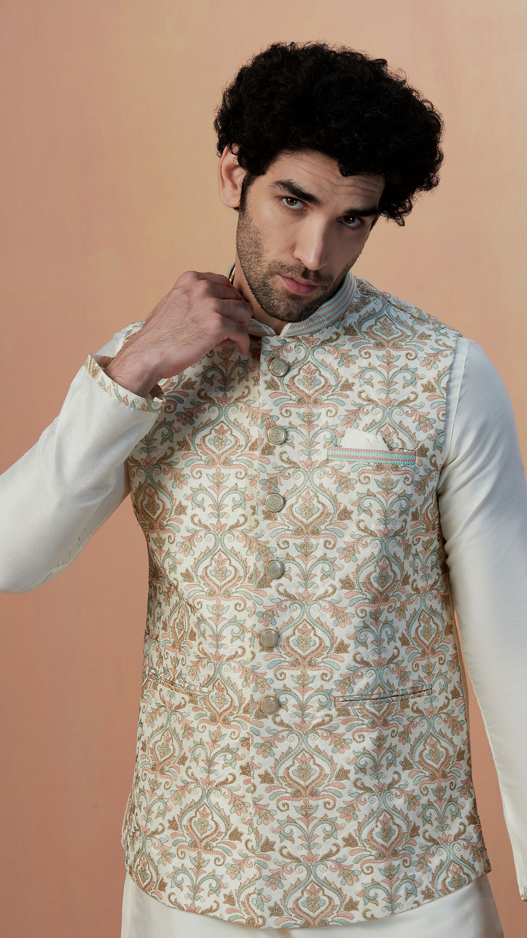 Manyavar Men Light Cream Self Design Kurta Jacket Set