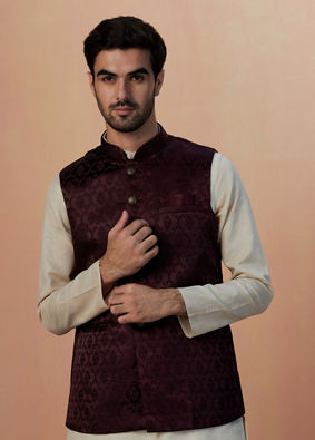 Manyavar Men Wine Self Design Jacket image number 0