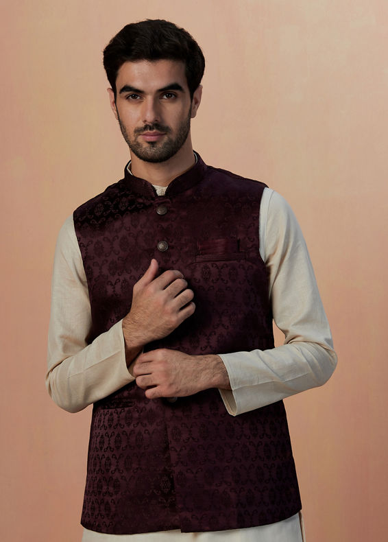 Manyavar Men Wine Self Design Jacket