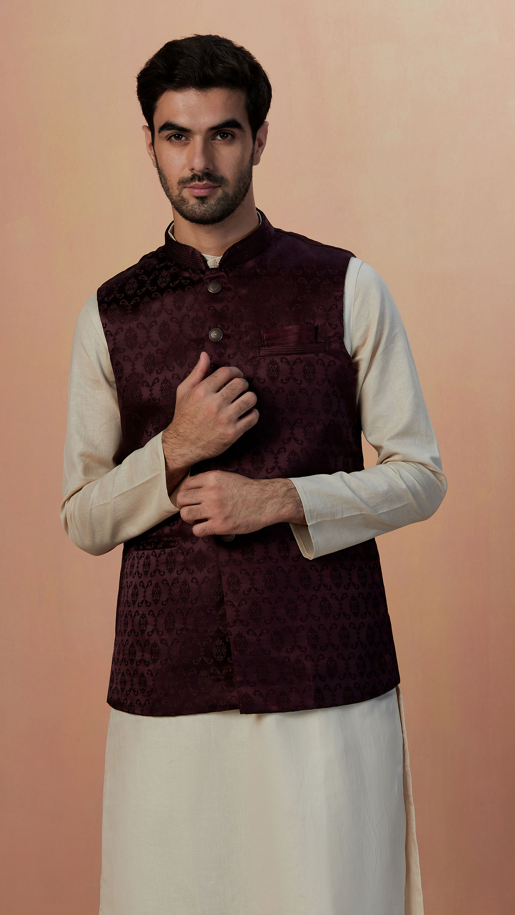 Manyavar Men Wine Self Design Jacket