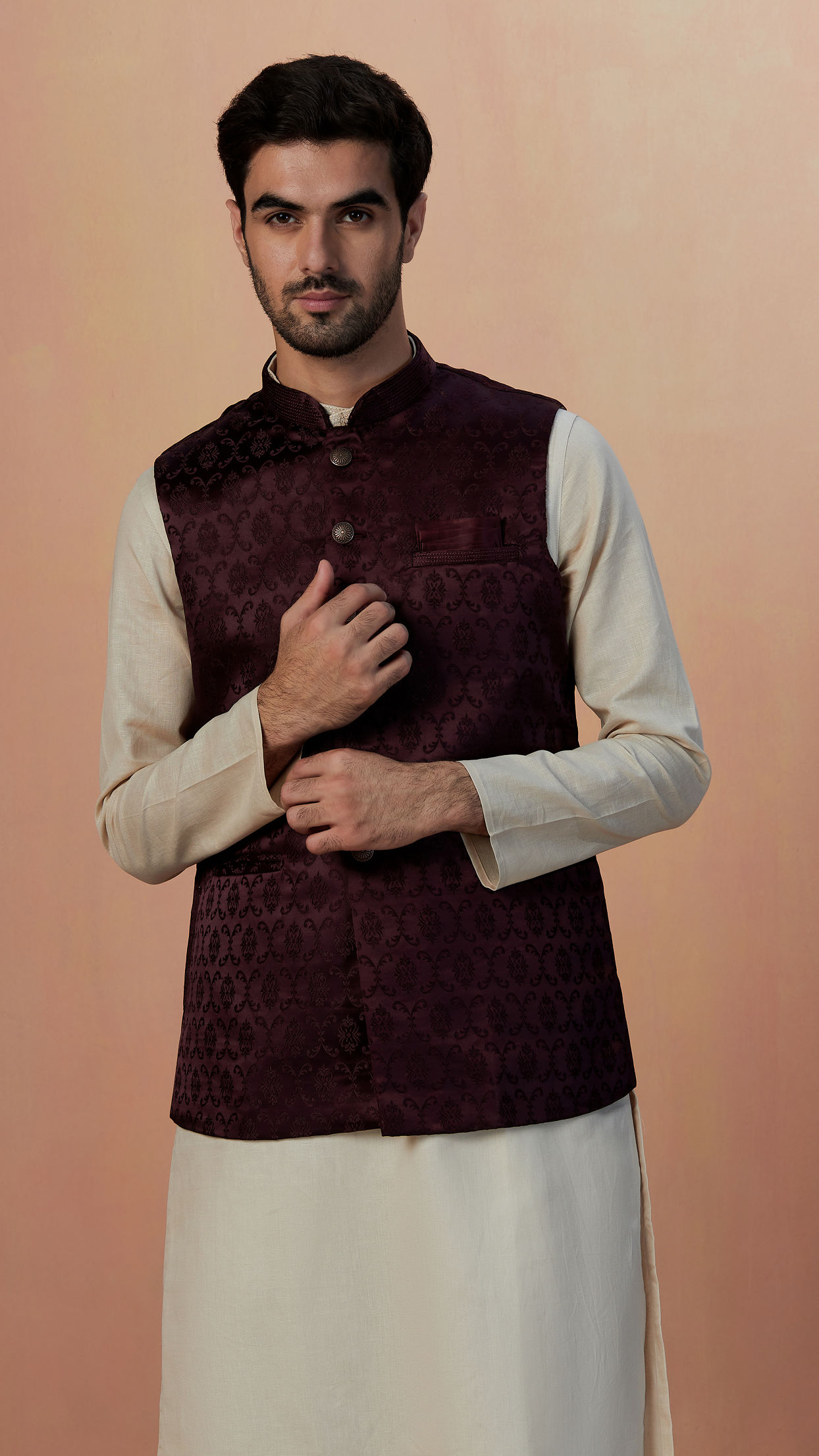 Manyavar Men Wine Self Design Jacket image number 0