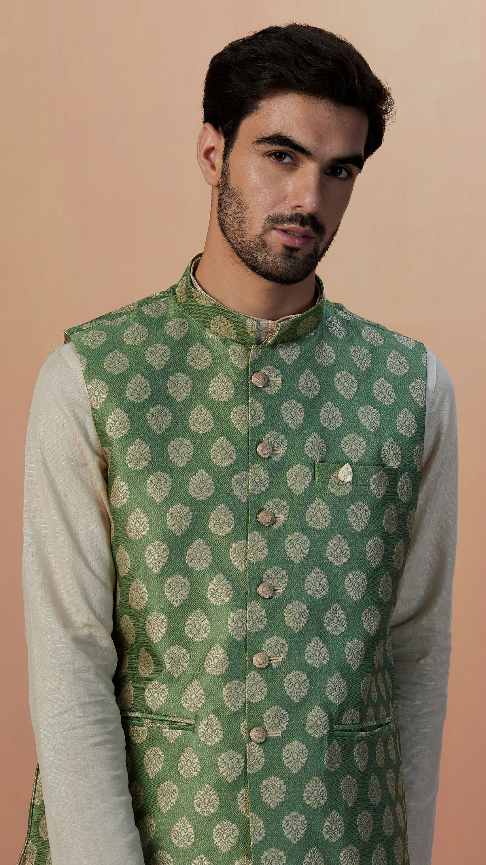 Manyavar Men Sage Green Jacket With Golden Motifs