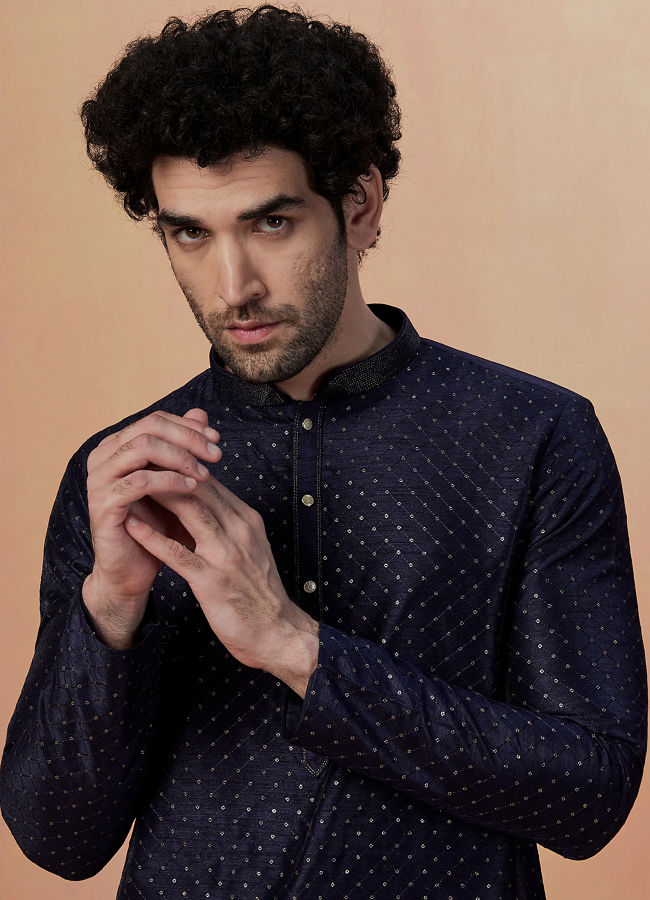 alt message - Manyavar Men Dark Blue Sequins Embroidered Kurta Pajama image number 0