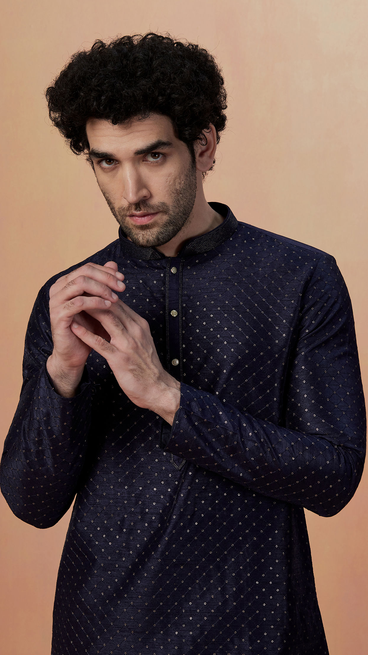 Manyavar Men Dark Blue Sequins Embroidered Kurta Pajama