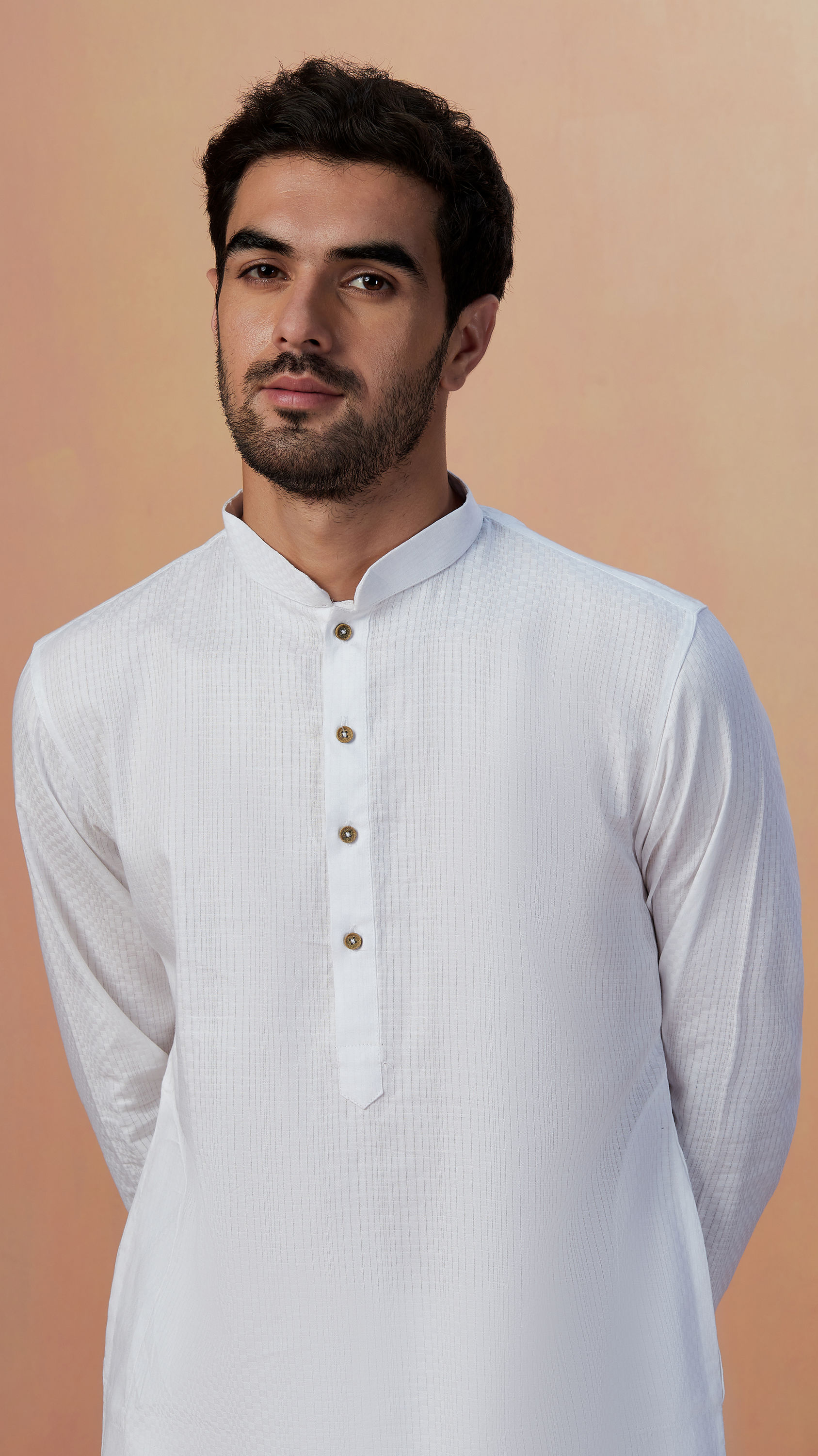 Manyavar Men White Self Striped Kurta Pajama